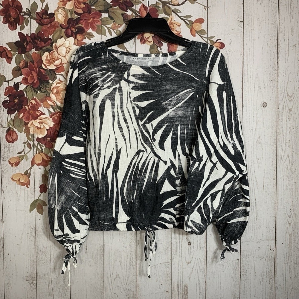 Bryn Walker XXS Linen Cotton Palm Print Dolman Sleeve Cropped Top Black White